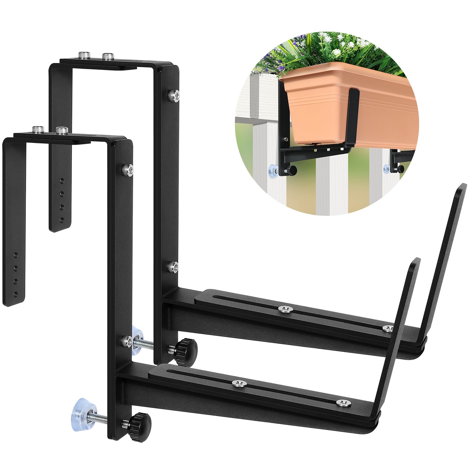Photo 1 of VOXOR Window Box Brackets, Adjustable Planter Box Brackets, Heavy Duty Iron Flower Box Brackets for Railings, with Enhanced Bottom Support - Perfect for Balconies, Fences, and Gardens (2 Pack)