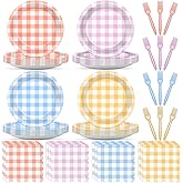 96 Pcs Pastel Checkered Paper Plates and Napkins Plaid Checkered Bachelorette Party Supplies Yellow Orange Blue Pink Tableware Dinnerware Decorations Plaid Party Baby Bridal Shower Favors 24 Guests