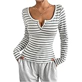 OYOANGLE Women's Striped Henley Shirts Button Long Sleeve Scoop Neck T Shirt Slim Fitted Tee Top