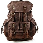 WUDON Men Travel Backpack, Genuine Leather-Waxed Canvas Shoulder Hiking Rucksack