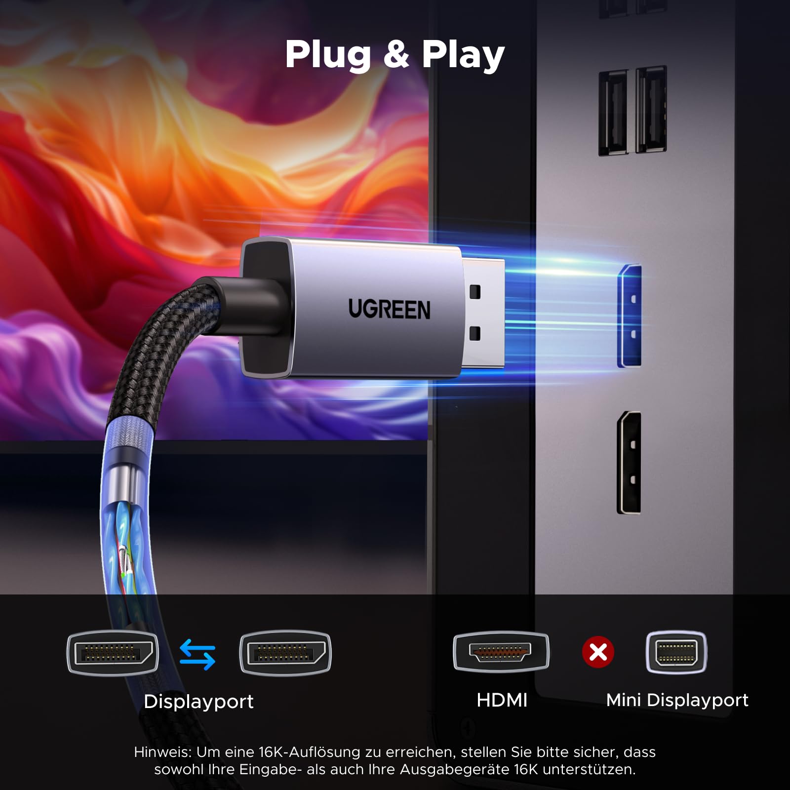 UGREEN 16K Displayport Kabel 2.1 16K 10K 60Hz 8K 120Hz 4K 240Hz 165Hz 144Hz, DP kabel 80Gbps mit HDR, FreeSync, G-Sync, DSC 1.2a, HDCP 2.2 für PC, HDTV, Gaming Monitor (2M) 5