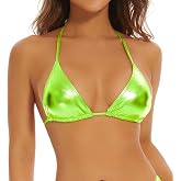 Gatielzana Halter Metallic Crop Top Shiny Triangle Bralette Rave Bra Swimsuit Top