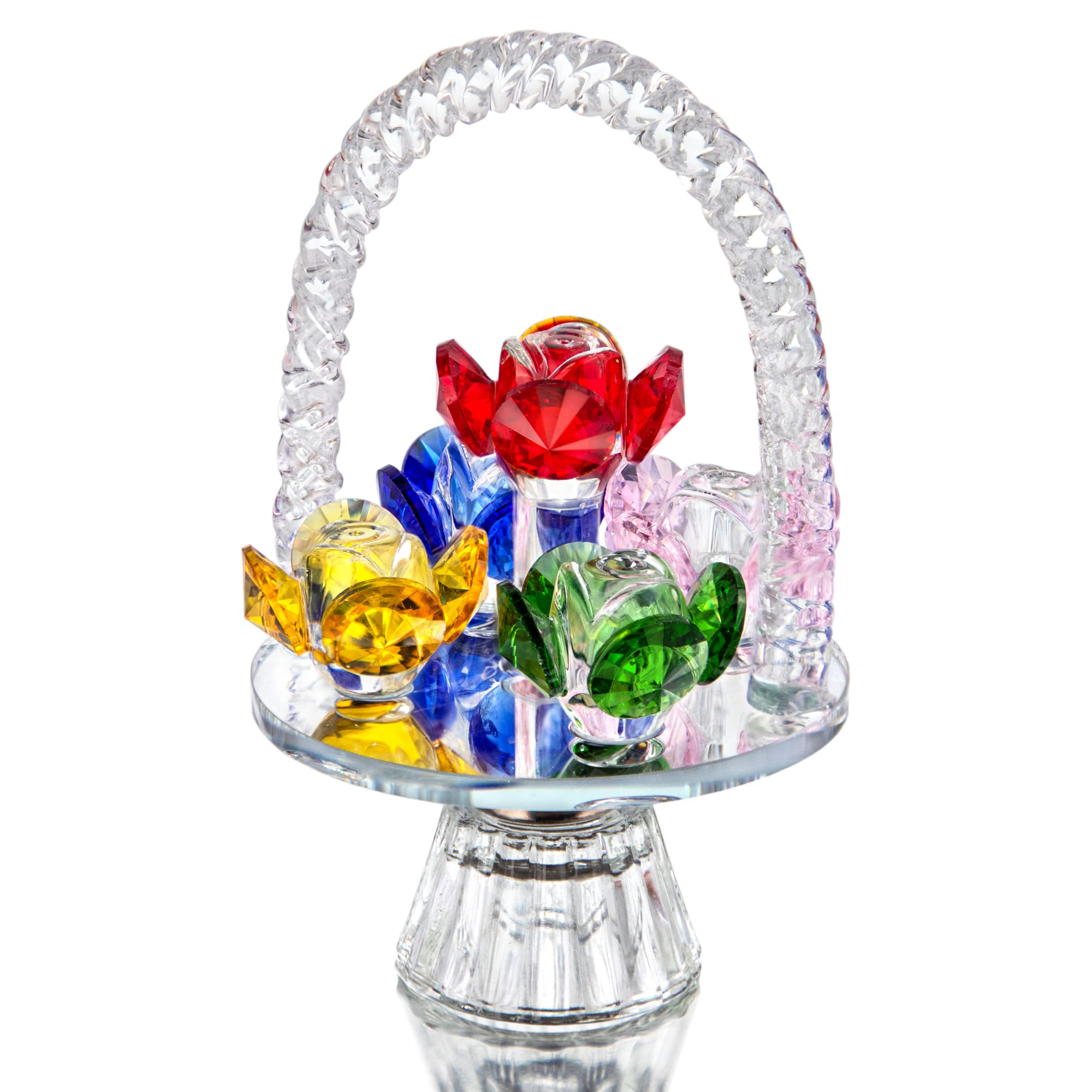 H&D HYALINE & DORA Colorful Crystal Flower Basket Figurine with Rotating Base Ornament,Glass Flower Collectible Figurine for Home Table Centerpiece Valentines Day Gifts For Her