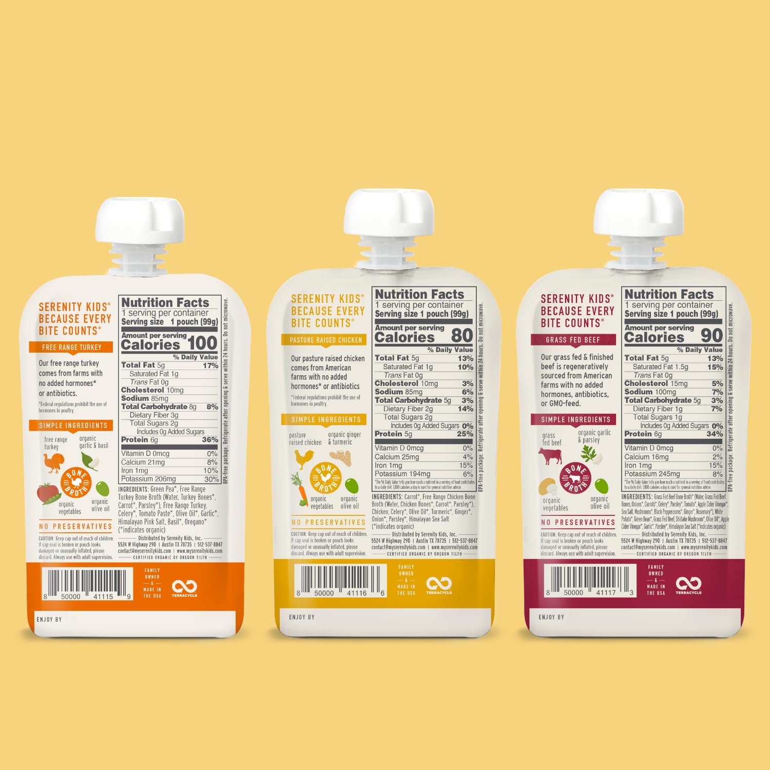 Serenity Kids 7+ Months Bone Broth Puree Made with Organic Veggies - BPA-Free Organic Baby Food Pouches with Veggies & Ethically Raised Meat - Clean Label Project Certified - 3.5 Oz, 6 Pack