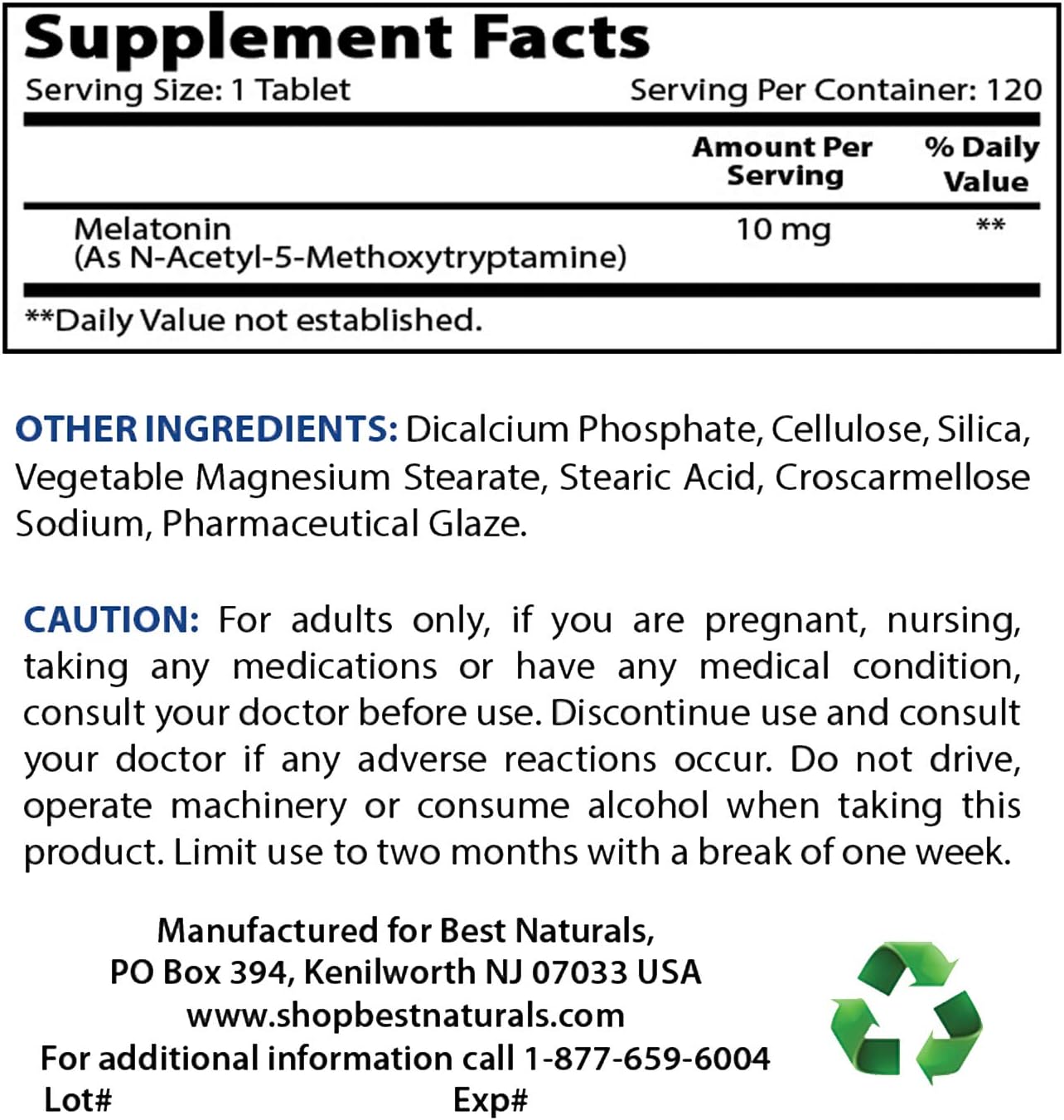 Best Naturals Melatonin 10mg (Non-GMO) Tablets - Helps Promote Relaxation & Sleep - 120 Count: Health & Personal Care