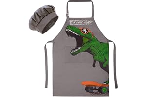 MHJY Kids Apron and Chef Hat for Boys Dinosaur Adjustable Child Aprons with Pockets for Cooking Baking Painting 3-12 Years