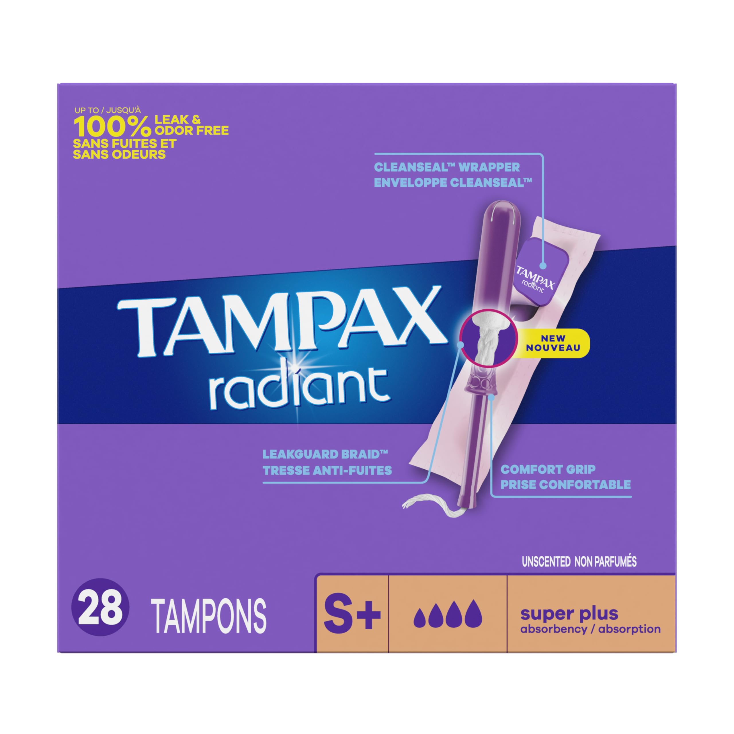 Tampax Radiant Tampons, with LeakGuard Braid, Super Plus Absorbency, Unscented, 28 Count