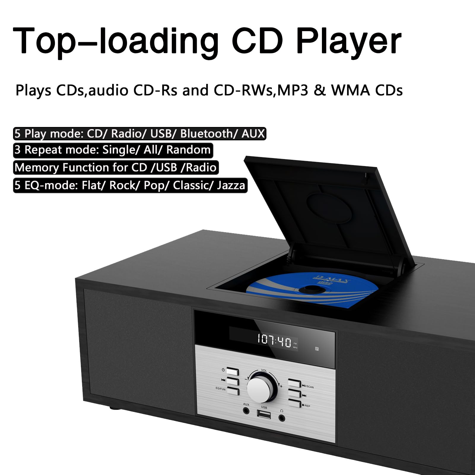 Nostalgic Bluetooth Stereo System for Home, WISCENT Vintage Micro HiFi Systems CD Player,with Bluetooth Audio Streaming,FM Radio,USB Port,Aux-in,Earphone Port (Black CD Player)