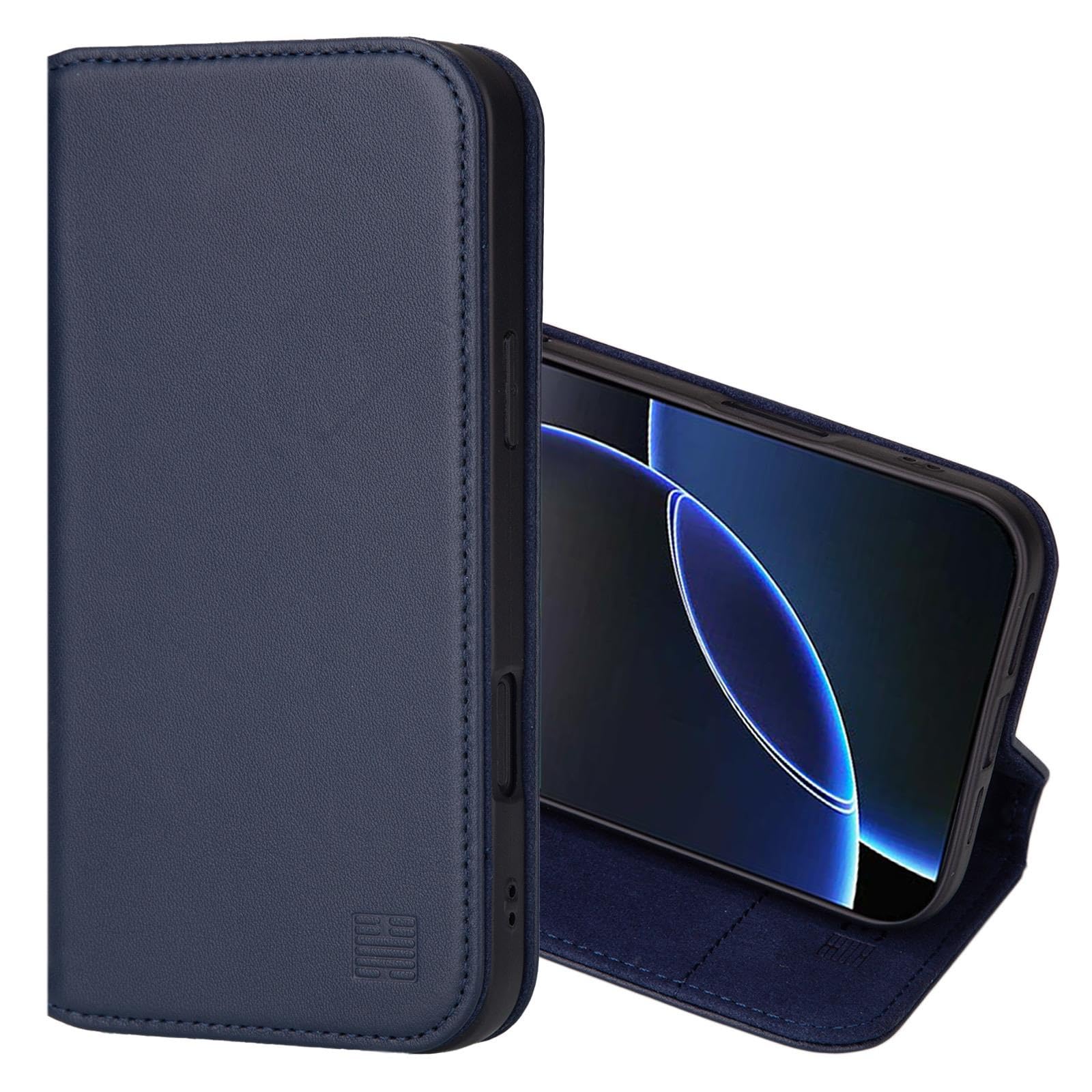 32nd Classic Series 2.0 - Real Leather Book Wallet Flip Case Cover For iPhone 16 Pro Max (6.9"), With RFID Blocking Card Slot, Magnetic Closure and Built In Stand - Navy Blue