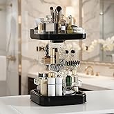 360 Rotating Makeup Organizer for Vanity & Countertop, Clear Adjustable Height Tiered Cosmetic and Skincare Storage, Spinning Perfume and Brush Holder, Jewelry Accessories Desktop Organizer, Black