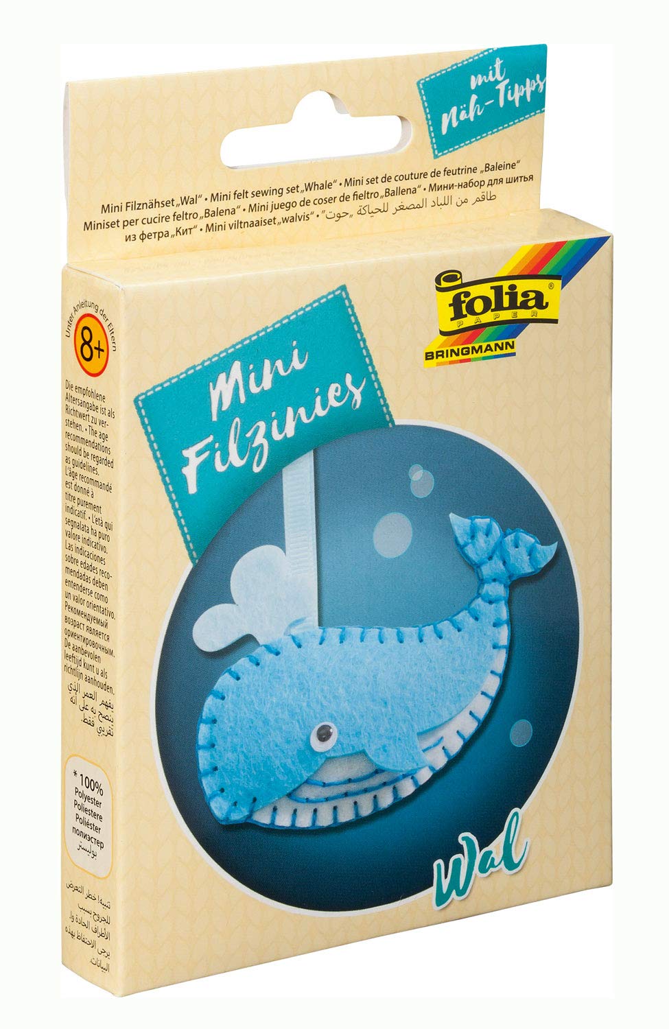 folia 52906 - Felt Sewing Set for Children's Mini Felt, Whale Pendant, 9 Pieces, Felt Sewing Set for Making a Self-Stitched Pendant