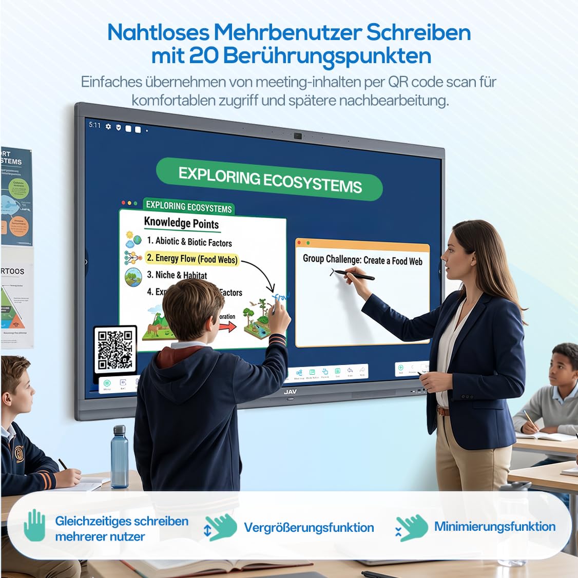 JAV Smart Board 55 Zoll Interaktives Whiteboard 4K UHD Touchscreen Android 14 mit Google EDLA Zertifiziert Digitale Elektronische Whiteboard 8+128GB Eingebaute 48MP Kamera für Büro Schule 6