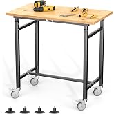 Ultrawall Workbench with Wheels, Adjustable Height Garage Work Table | Heavy Duty Rubber Wood Workstation for Workshop, Office, Home, 32"x18"