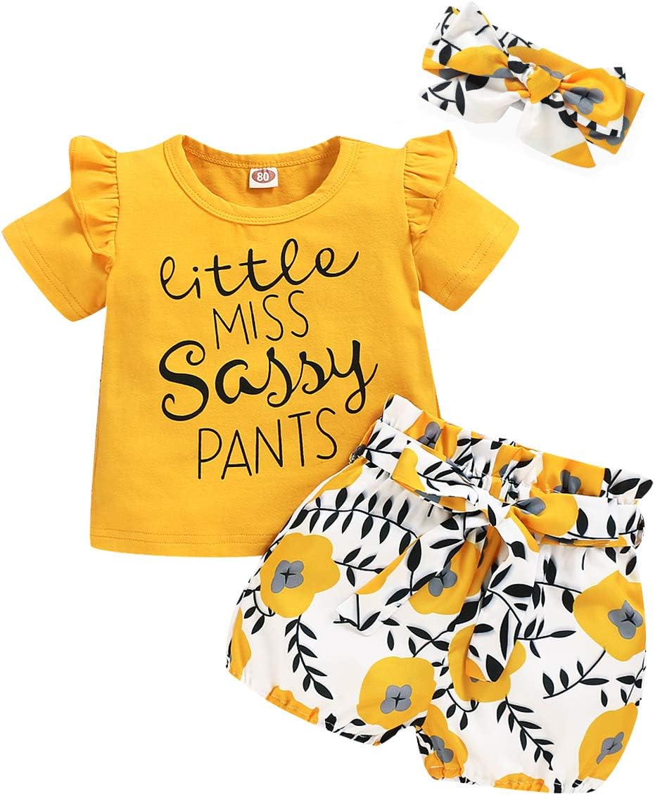 SANMIO 3PCS Newborn Toddler Baby Girl Clothes Outfits, Floral Ruffle Short Sleeve Tops + Pant Set with Headband