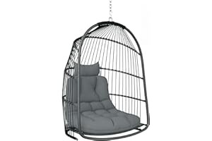 Outsunny Hanging Egg Chair, Foldable Rattan Garden Swing Chair with Installation Kit, Thickened Cushion and Headrest, Hanging