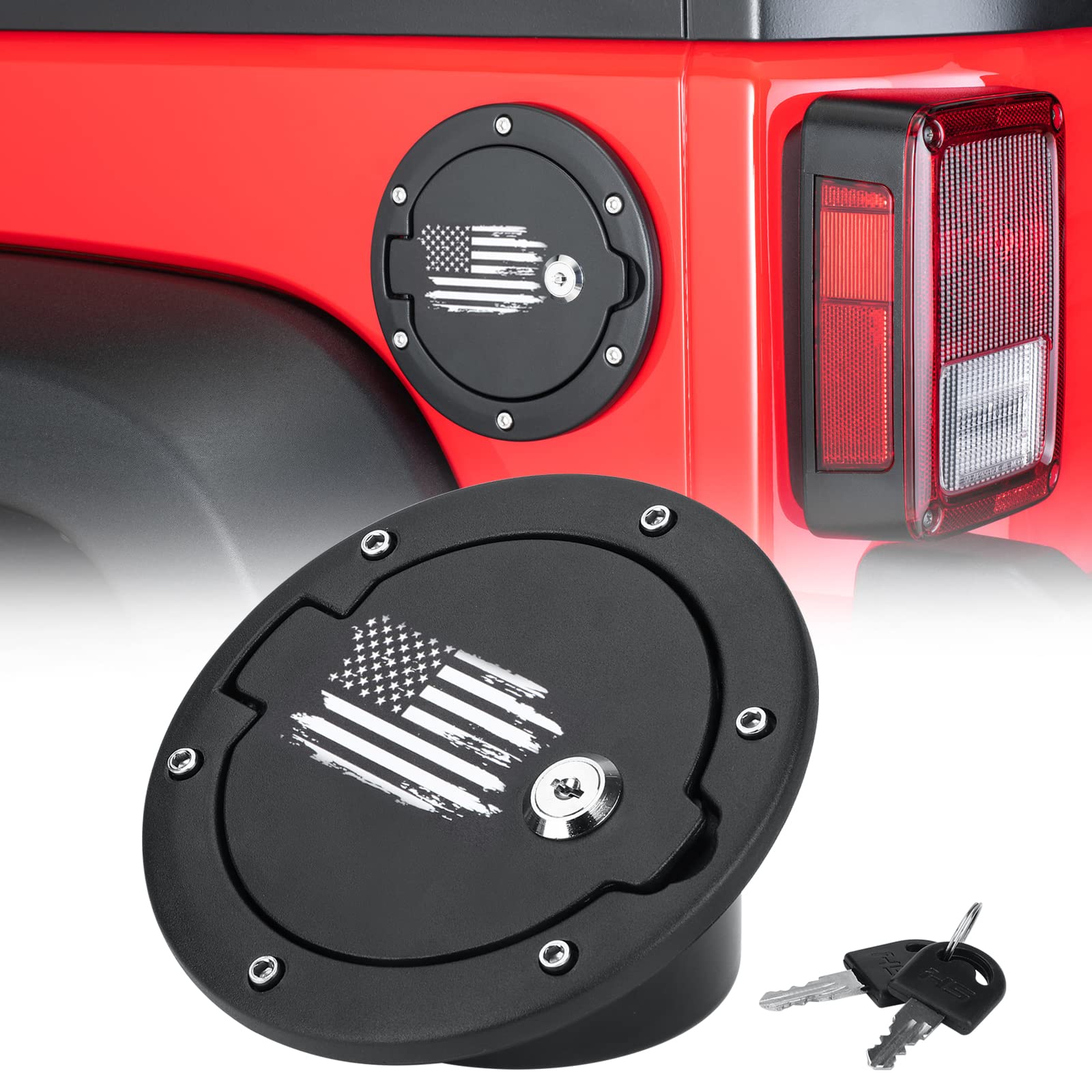 Photo 1 of Locking Fuel Filler Tank Door Black Lock Gas Cover Cap Compatible with Jeep Wrangler 2007-2017 JK & Unlimited 2 door and 4 door ? US Flag Sticker Accessories+Aluminum+ABS Accessories