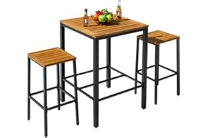 Devoko Acacia Wood Outdoor Patio Bar Set for 2, Square Counter Height Table with 2 Stools, Dining Bar Set for Garden, Deck, Pool Side, Dining Room, Kitchen, Living Room
