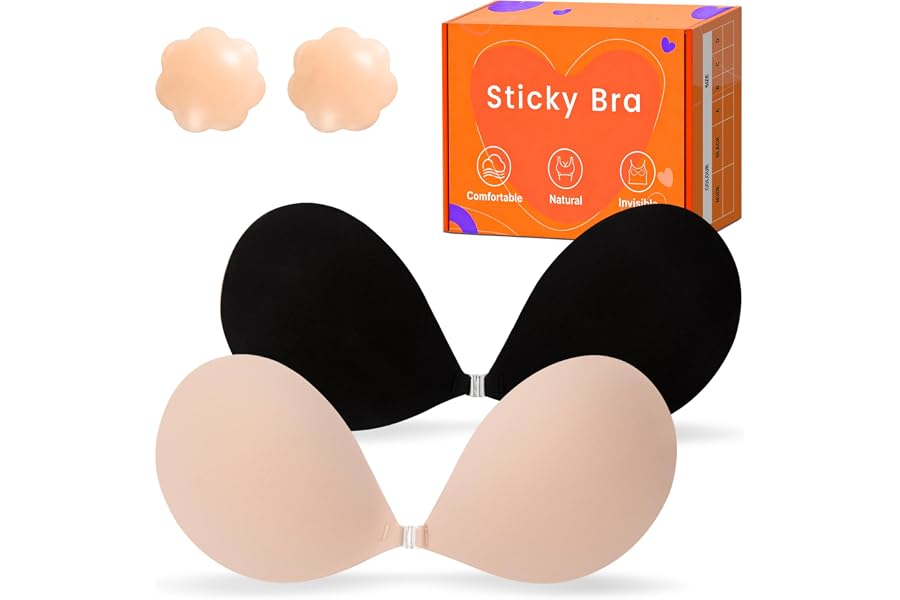 GKHWON Adhesive Bra Strapless Backless Invisible Push Up Sticky Bra with Silicone Nipple Covers Reusable
