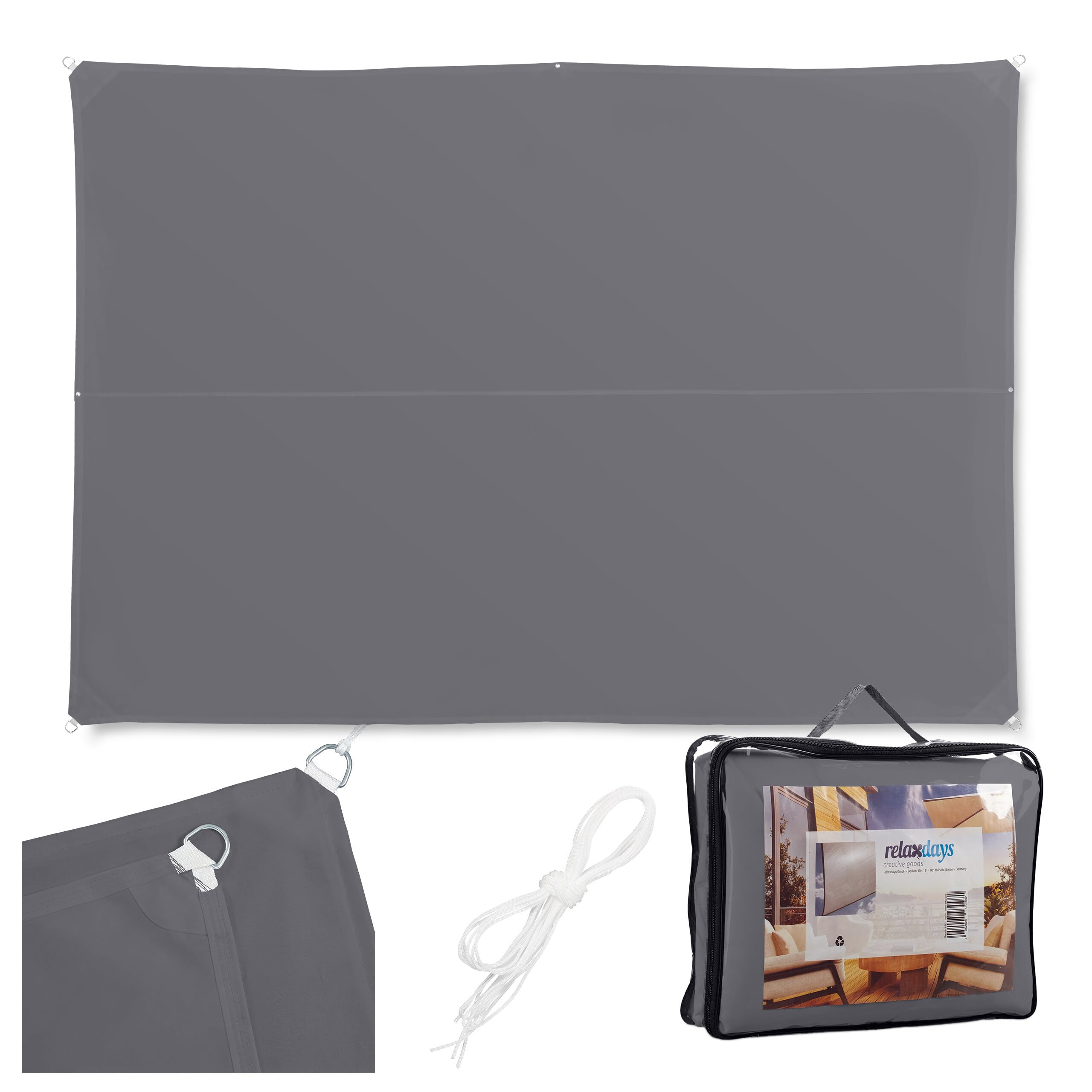 Relaxdays Shade Sail, Rectangular, Water-Repellent, UV-Protection with Tethers, Balcony Canopy, WxD: 3x4 m, Grey