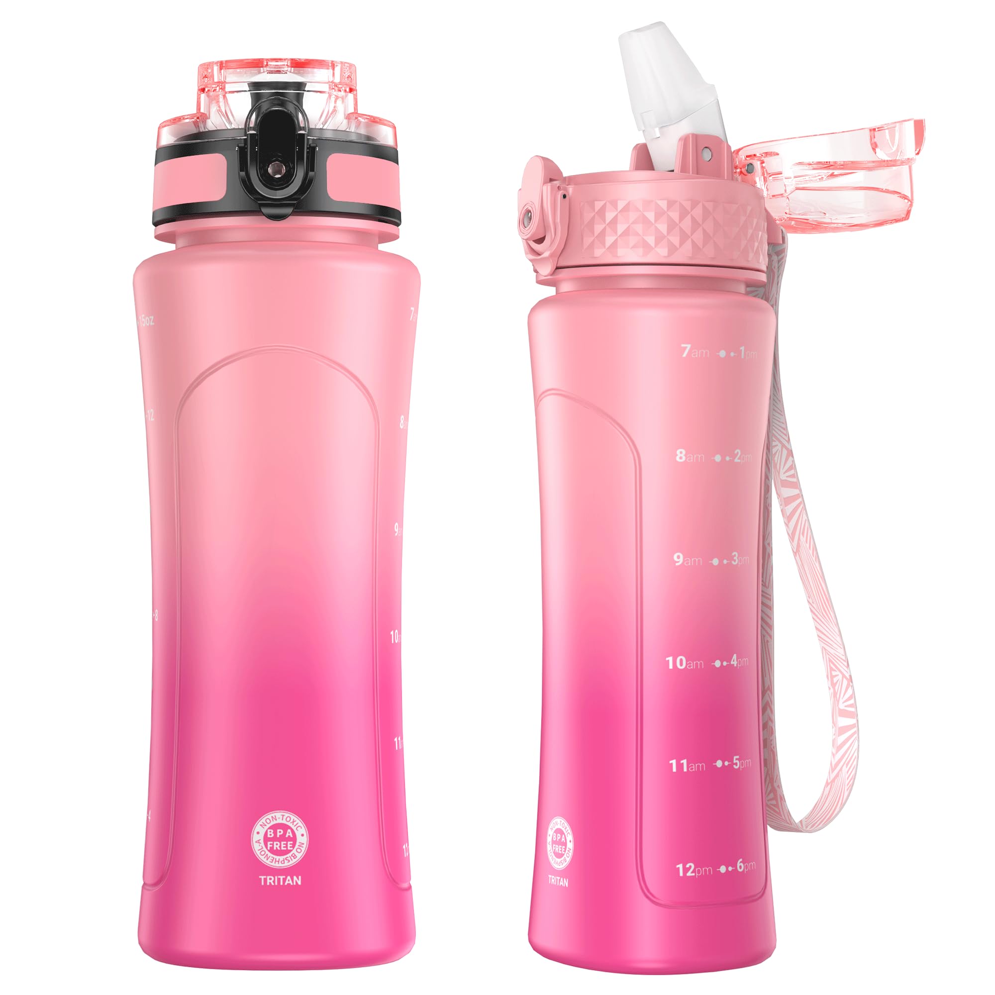 OLDLEY 450ml/15oz Water Bottle with Straw 2 Lids Reusable Drink Bottles with Times Markings for School Home Camping Outdoor Sports BPA Free Leakproof Durable — image 1