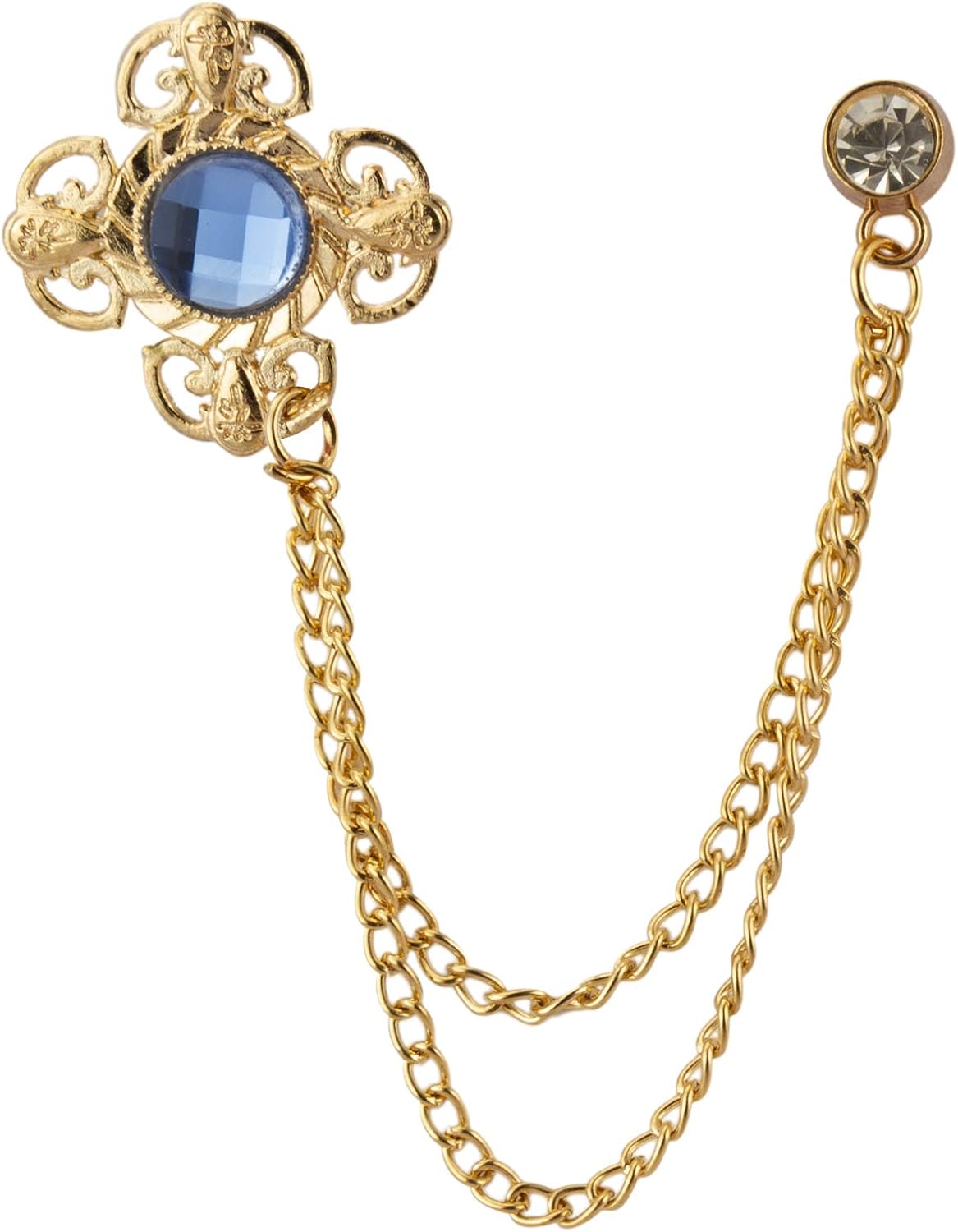 Brooch Lapel Pin for Men Blue Shimmer Stone with Gold Engraving Chain and Stone Lapel Pin Badge Coat Suit Wedding Gift Party Shirt Collar Accessories