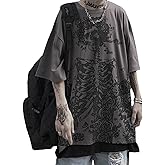 Women Man Y2K Skeleton T-Shirt, Punk Aesthetic Goth Skull Graphic Alternative Grunge Oversized Top Tshirts Streetwear