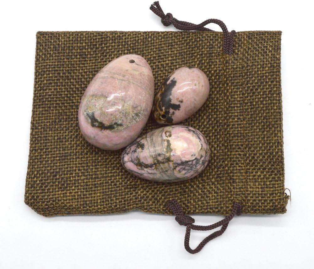 Yoni Eggs Rhodonite Jade Natural Massage Stone Set of 3 Jade Yoni Eggs with Linen Packaging for Training Love Muscles Kegel Exercise Jade Yoni Egg Set for Women
