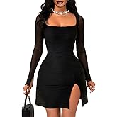 GothDark Women's Sexy Bodycon Dress Mesh Long Sleeve Square Neck Ruched Split Hem Club Party Mini Dresses