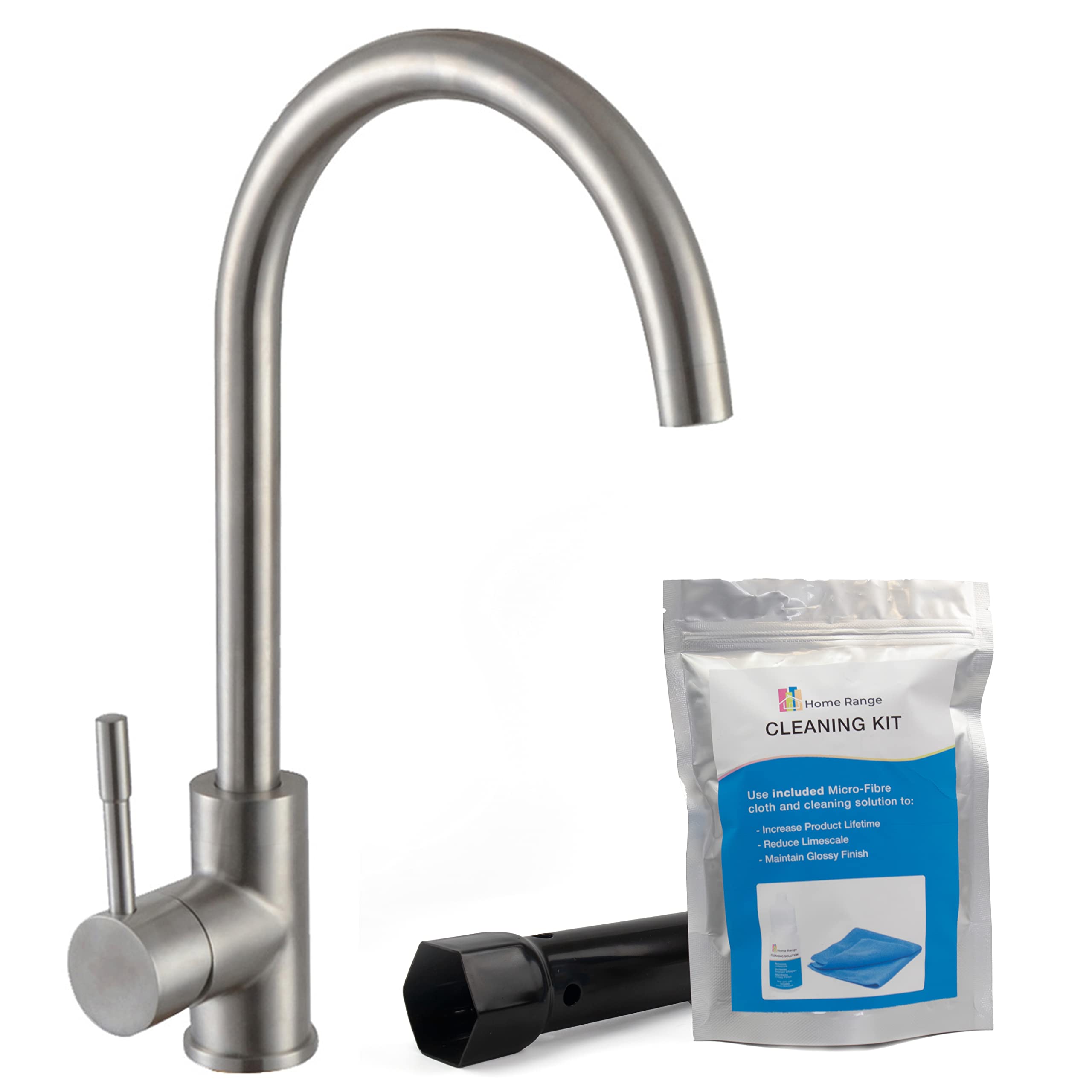 Home Range Brushed Silver Kitchen Sink Mixer Tap 360° Swivel Single Lever, 304 Stainless Steel, Rust-Resistant, Includes Descaling Solution & Microfibre Cloth, Easy Install Kit, 5-Year Warranty
