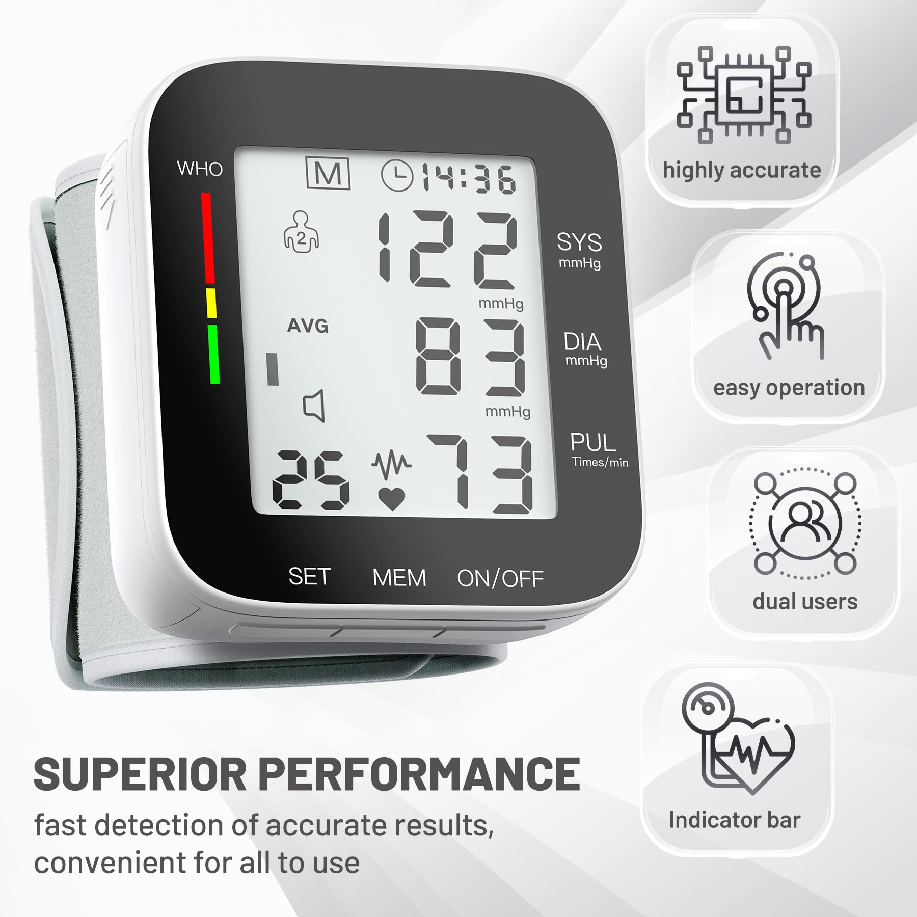 Blood Pressure Monitor Automatic Large LCD Display Adjustable Wrist Cuff Dual 99 Reading Memory Digital Portable Machine for Home Use with Carrying Case