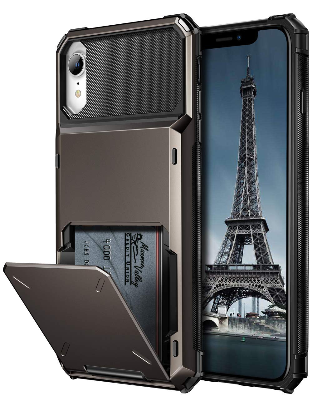 Coolden for iPhone XR Case Wallet Cover Armor Protective Shockproof Case Heavy Duty Hard Back TPU Bumper Flip Door Card Slot Holder Phone Case Cover for iPhone XR (Gunmetal)