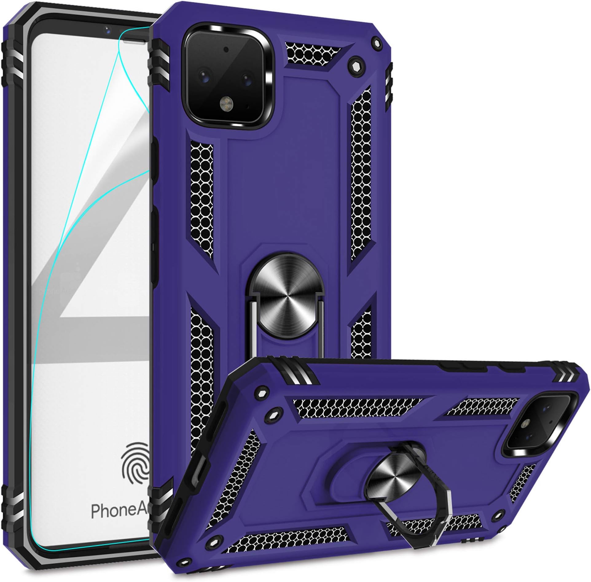 Gritup Compatible for Google Pixel 4 XL Case with HD Screen Protector, Military-Grade Shockproof Protective Phone Case with Magnetic Kickstand Ring for Google Pixel 4 XL Purple