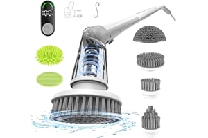 DANKARI Electric Spin Scrubber, Shower Scrubber with LED Display & 6 Replacement Scrubber Head, 2H Bathroom Scrubber Dual Speed, Electric Scrubber for Cleaning Bathtub Grout Tile Floor, Light Gray