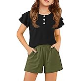 Arshiner Girls Summer Outfits 2 Piece Sets Ruffle Short Sleeve Button Down Shirts and Shorts Set Kids Clothes with Pockets