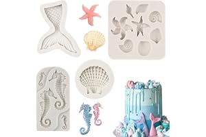 Silicone Mold Ocean Theme Set of 4 – Marine Style Cake Mold with Shell, Seahorse, Mermaid Tail, Sea Creature – Reusable Food 