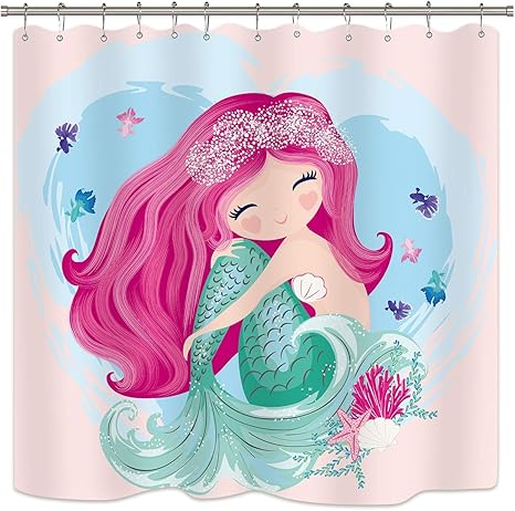 Amazon かわいいマーメイドシャワーカーテンインチ女の子漫画子供ブルーハートカラフルな紫髪海藻魚風呂装飾生地セットポリエステル防水12パックプラスチックフックが含まれています 180x180 Cm シャワーカーテン ホーム キッチン オンライン通販