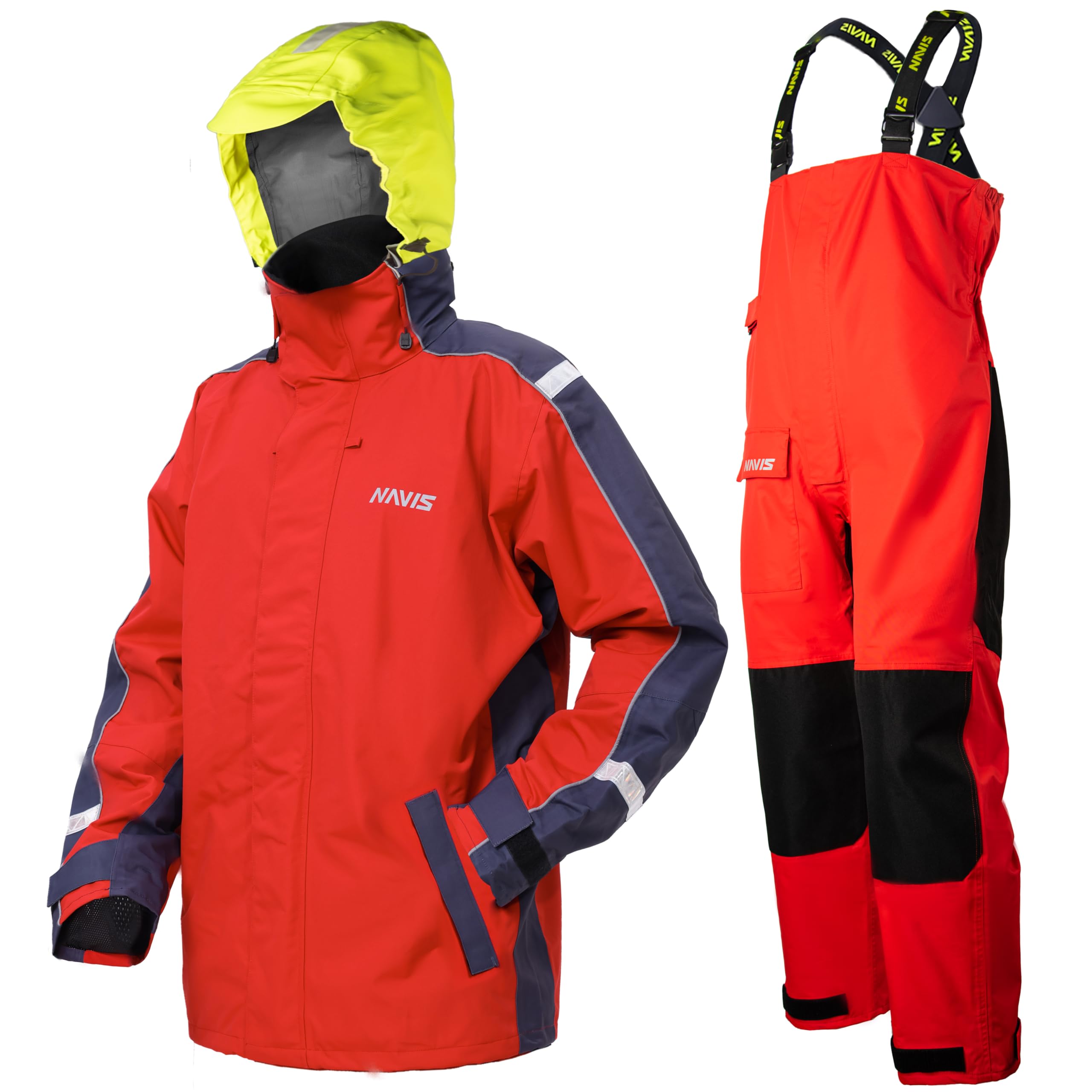 Photo 1 of NAVIS MARINE Men's Coastal Sailing Jacket & Bib Pants Combo-Waterproof, Breathable Offshore Hard Shell, Durable Gear(Red, X-Large)