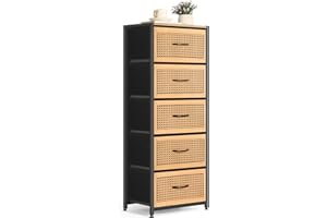 LIANTRAL Dresser for Bedroom, 5 Fabric Storage Drawer Organizer Units for Closet Living Room Hallway Entryway, Tall Chest of Drawers Tower, Sturdy Steel Frame, Wood Top