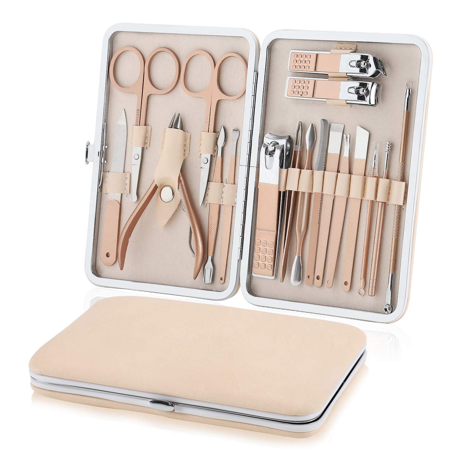 Manicure Set Nail Clippers Pedicure Kit, Professional Rose Gold Stainless Steel Personal Grooming Kit, 18 in 1 Nail Care Tools with Luxurious Leather Travel Case for men and women : Beauty