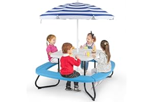 KOTEK 8-Person Kids Picnic Table, Toddler Activity Table with Removable Umbrella, 4 Built-in Benches, HDPE Top & Metal Frame, Kids Outdoor Table for Patio Garden Backyard (White+Blue)