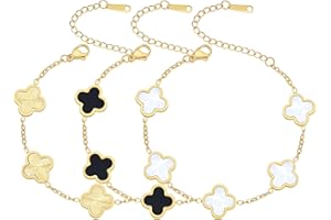 HERSIN 18K Gold Plated Dainty Clover Lucky Bracelet Set for Women Trendy White/Black/Gold/Green/Pink/Blue/Red Unique Flower Four Leaf Lucky Bracelets Jewelry Gifts for Women