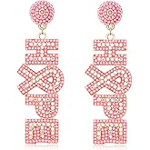 HZEYN Beaded Breast Cancer Awareness Earrings Rhinestone Hope Pink Ribbon Earrings Survivor Warrior Dangle Earrings for Women