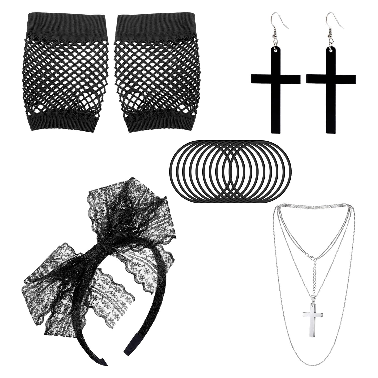Eophmi 80s Fancy Dress Accessories, 5 Pcs Women's Gothic Jewelry Set, Lace Headband, Cross Earrings, Fishnet Gloves, Cross Necklace and Bracelets, Retro Party Set for Women's 80s Fancy Dress
