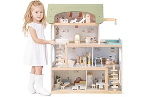 Costzon Wooden Dollhouse, Kids DIY Pretend Playhouse w/ 33 PCS Furniture Accessories, Modern Family Play House Toy w/Balcony,