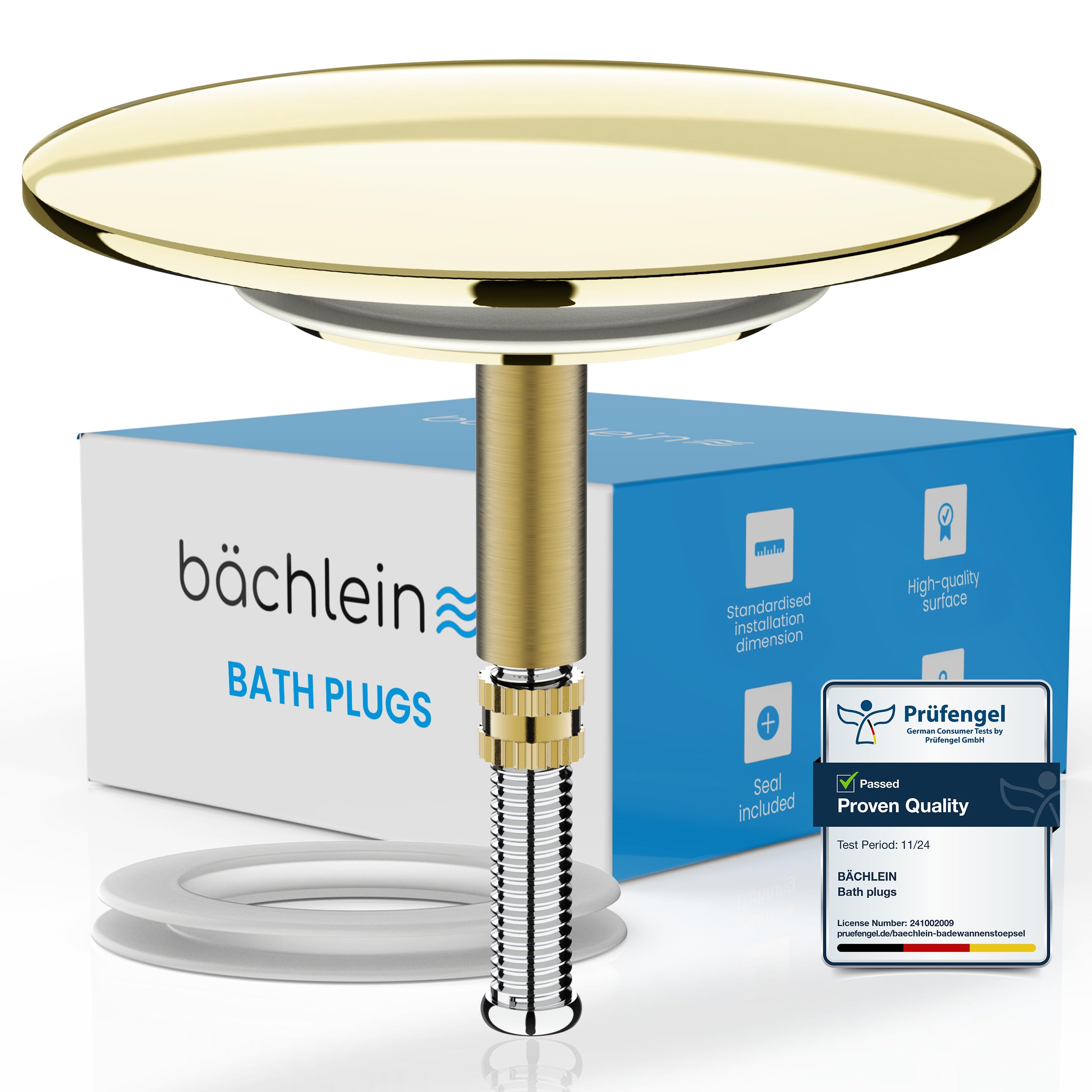 Bächlein Universal Bath Plug - Drain Plug [Gold] - incl. Replacement Seal - Drain Set for Standard Bath Tub