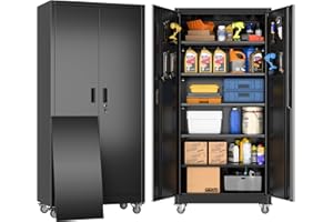 GangMei Garage Storage Cabinet with Wheels & Pegboard, Lockable Metal Storage Cabinet with Doors and 5 Adjustable Shelves for Garage Workshop Home, Assembly Required, Black, 71" H×34" W×18" D