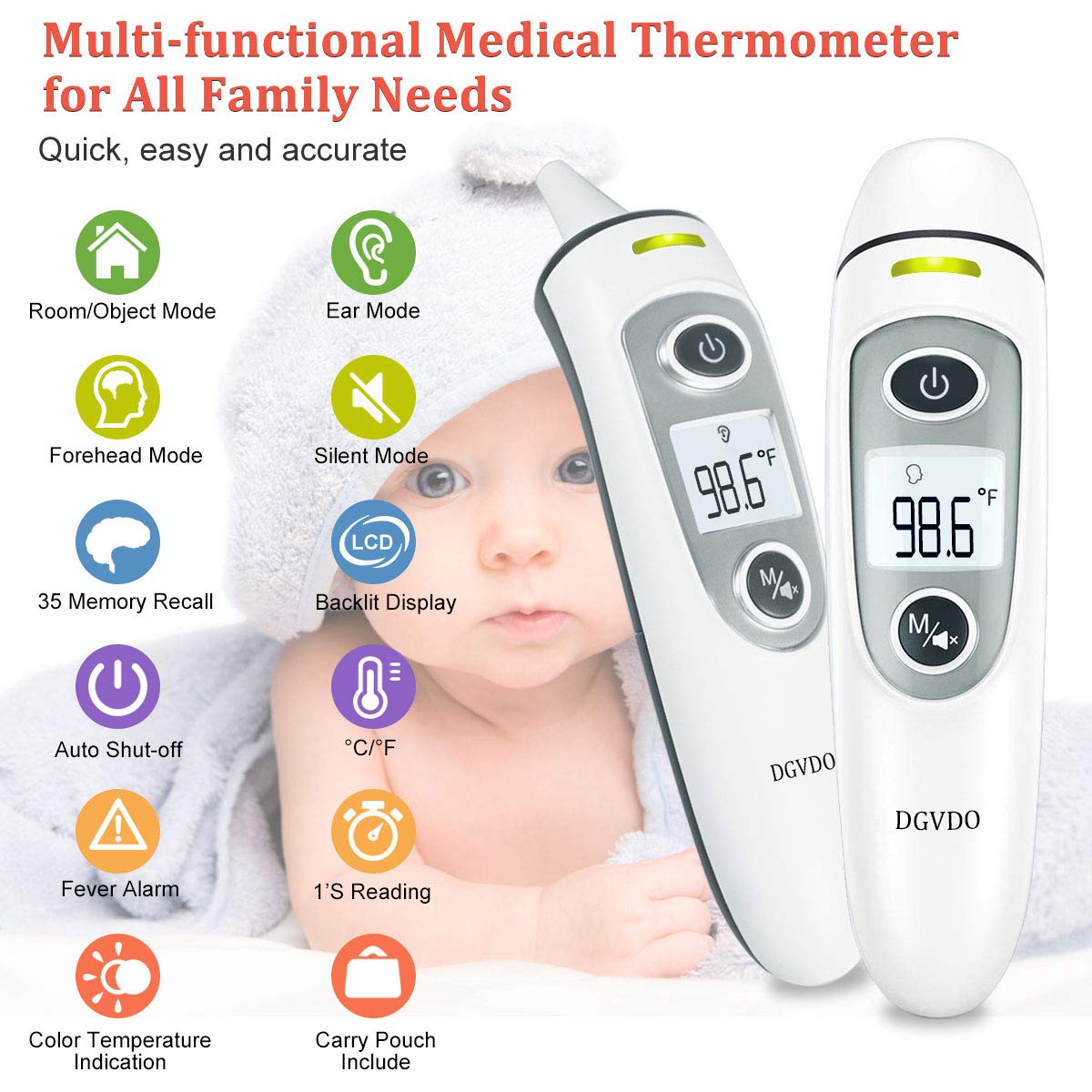 Non-Contact Forehead Thermometers, No Touch Digital Infrared Thermometer for Adults, Kids and Baby, Touchless Thermometer Within 0.4 Inch Distance, Fever Alarm, Memory Function: Industrial & Scientific