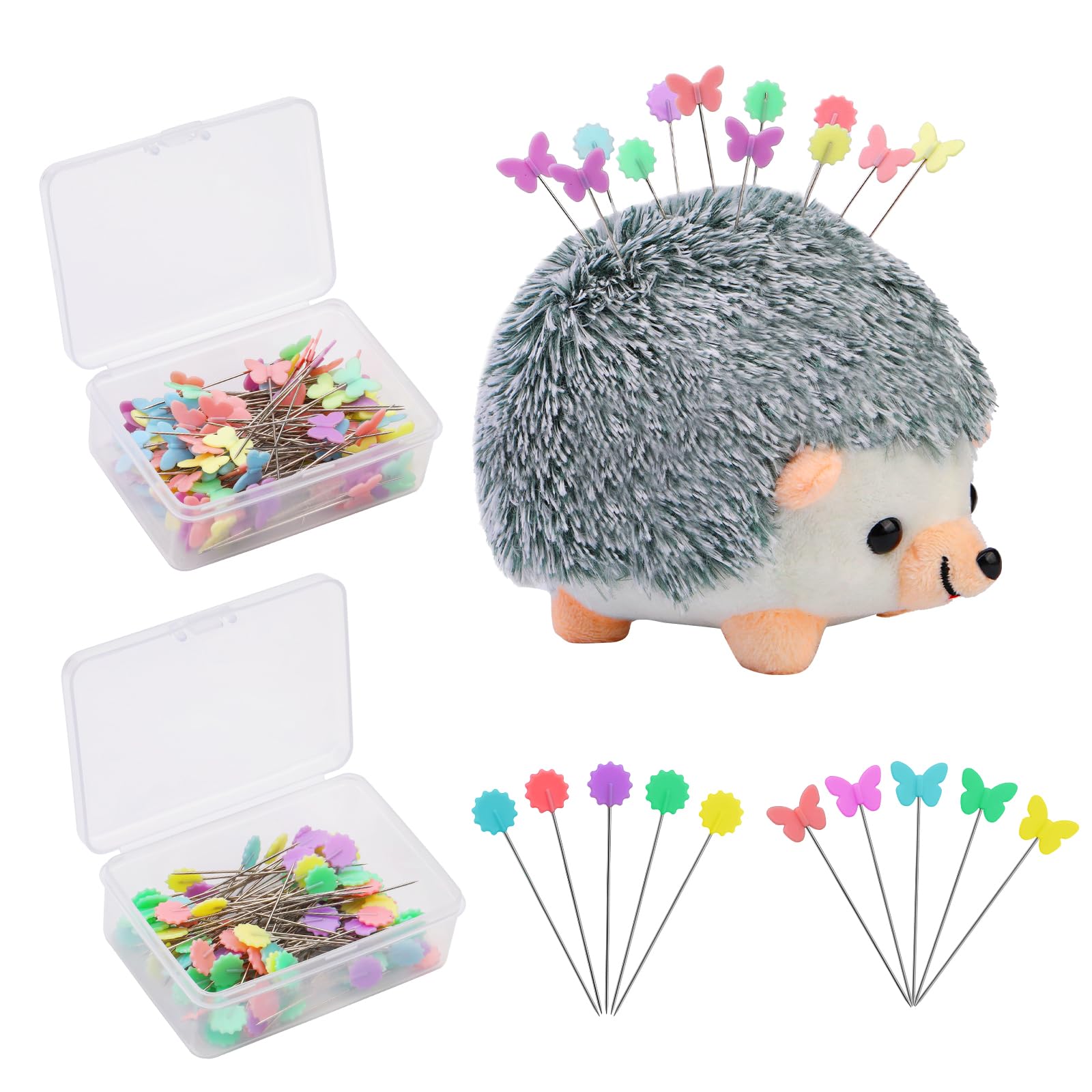 203 Pieces Hedgehog Pincushion Flat Head Straight Pins Kit, Cute Pincushion with Clear Storage Box and Quilting Pins, Colorful Head Straight Sewing Pins for Handicrafts DIY Sewing