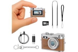 DIENSPEAK Mini Retro Camera with 1080P Video, 12MP Photos, Keychain Digital Camera, Ultra-Compact Tiny Camera with 32GB SD Card, OTG Adapter, Vintage Little Cameras for Travel, Daily Vlogging (Brown)