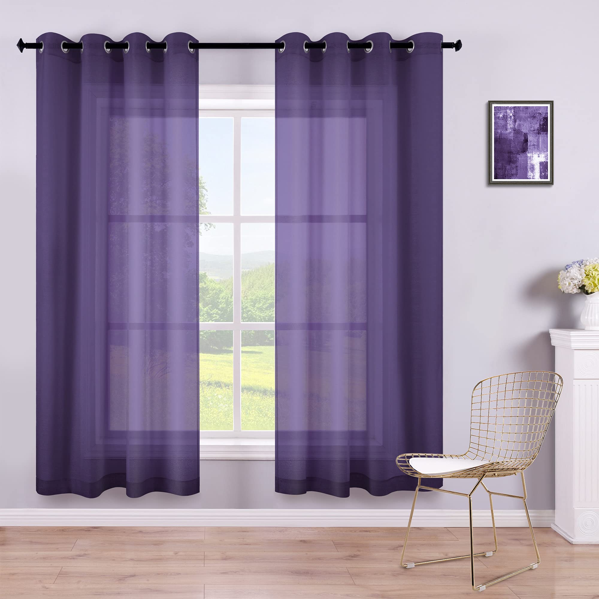 Dark Purple Curtains 63 Inch Length for Bedroom Girls 2 Panels Set Grommet Semi Transparent Window Drapes Sheer Voile Royal Purple Thin Curtains for Living Room Closet Kids Teen Decor Violet Plum